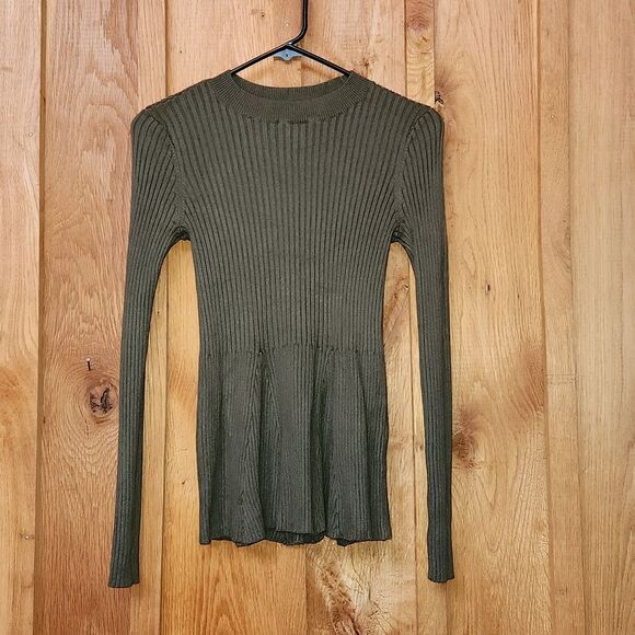 Venus Ribbed Crew Neck Bodycon Knit Sweater Peplum Waist, Small, Olive Green - Picture 1 of 7